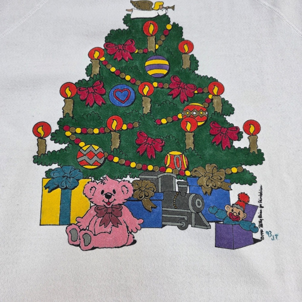 Vintage 90s Tultex Christmas Tree Teddy Bear Elf‎ Sweatshirt Size Large White